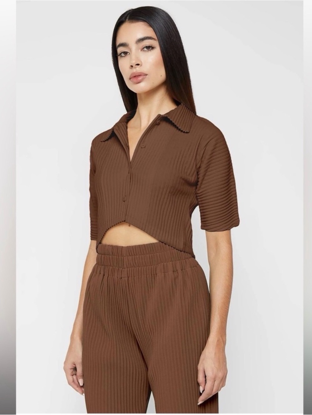 Maniere De Voir Brown Pleated Button Up Crop Shirt Wide Leg Slit Pant Set XS/2